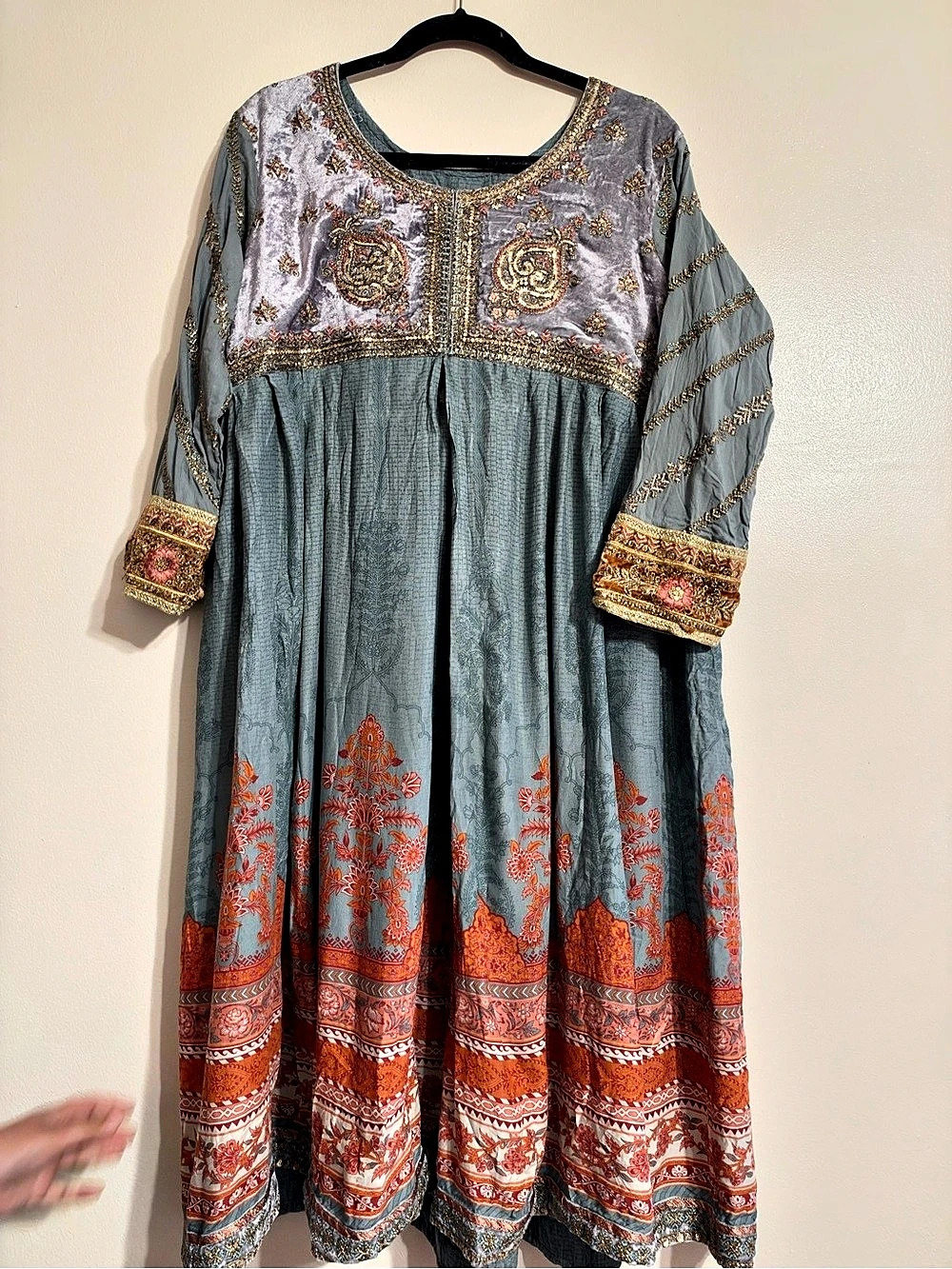 Women's Embroidered Floral Maxi Dress in Blue & Red